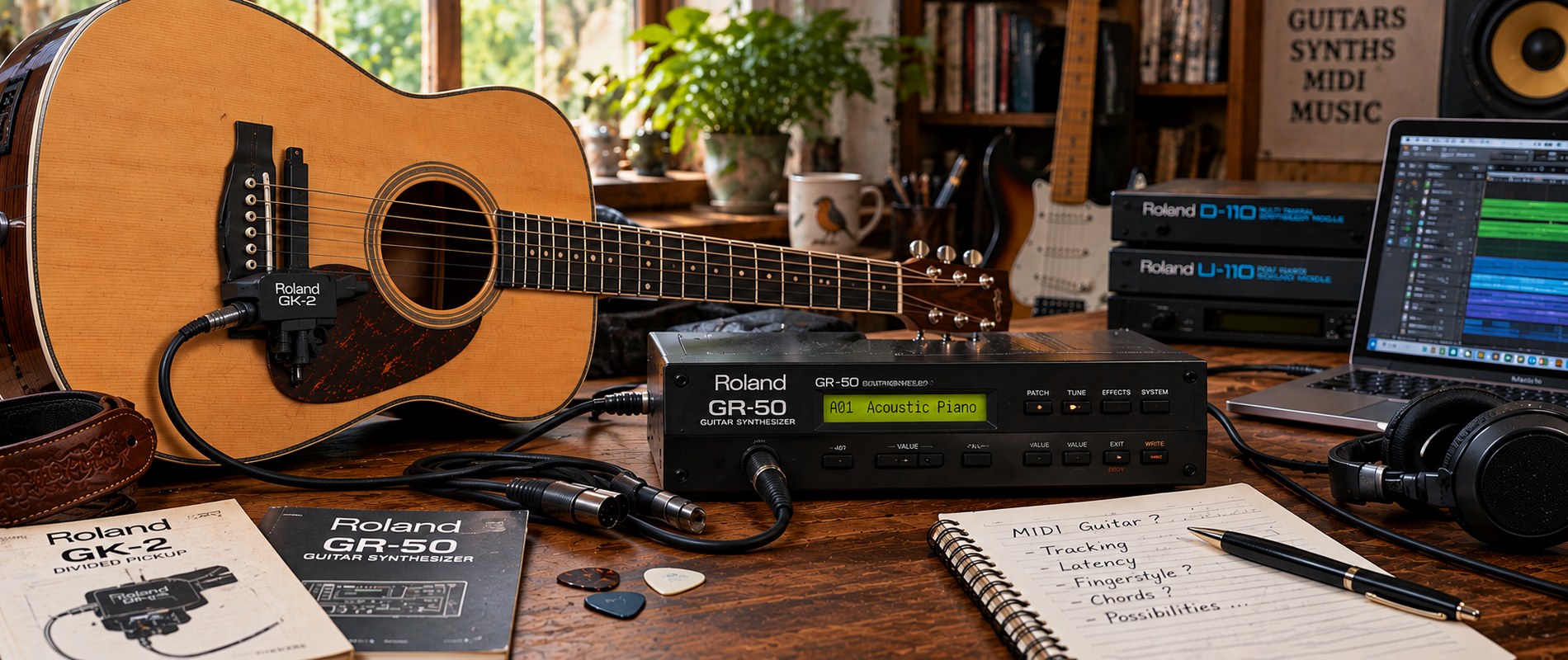 Acoustic guitar fitted with a Roland GK-2 pickup alongside Roland guitar synthesiser and MIDI equipment in a music studio