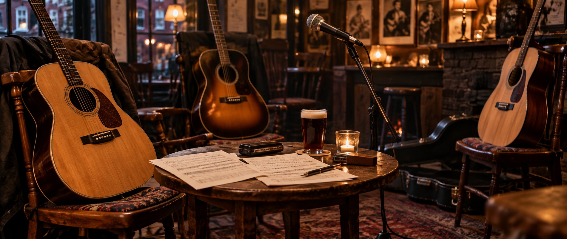 Acoustic guitars and a microphone in a warm informal folk and fingerstyle guitar session