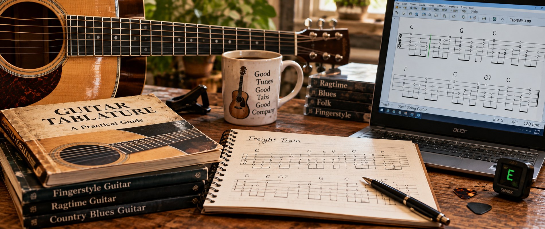 Acoustic guitar, printed tablature and TablEdit on a laptop.