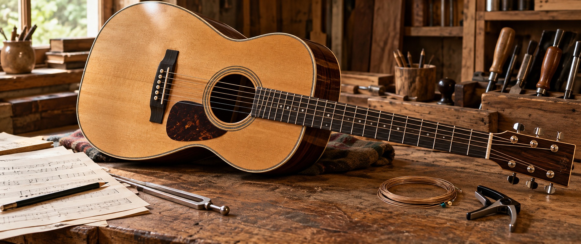 Steel-string acoustic guitar on a luthier's workbench surrounded by music and guitar-making tools.