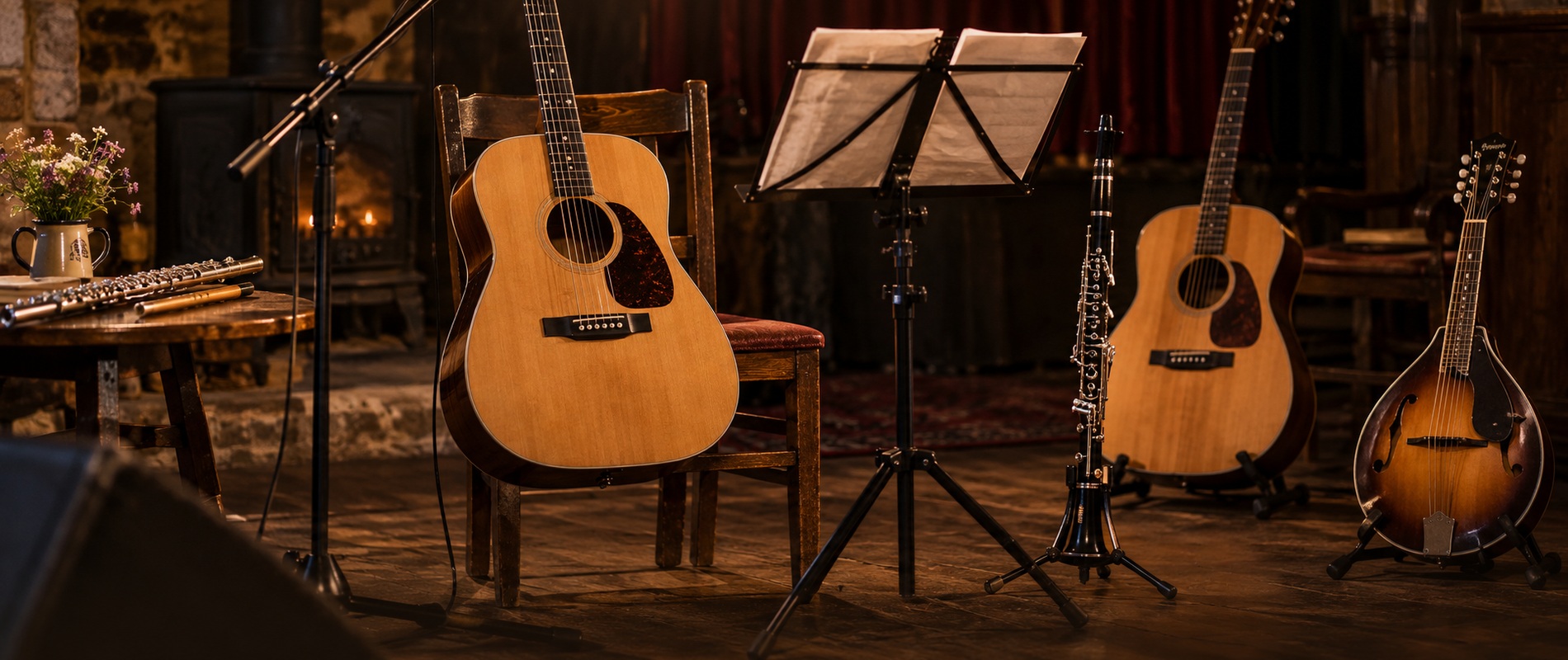 Acoustic guitar, clarinet, flute and mandolin arranged for a small folk-club performance