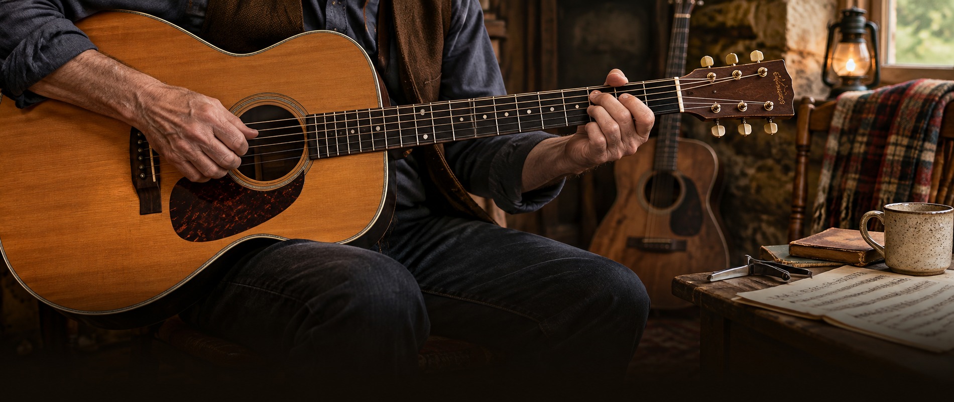 Solo acoustic guitarist fingerpicking in a warm, traditional music room