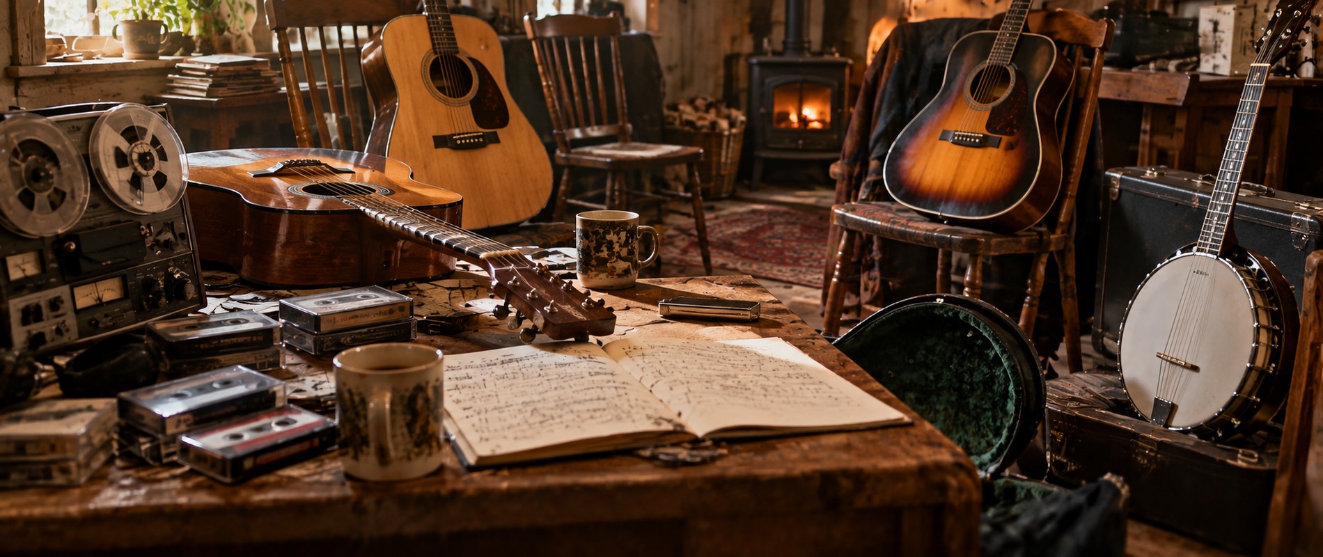 Acoustic guitars, banjo, cassette tapes, reel-to-reel recorder and music in a warm fingerstyle guitar session setting.