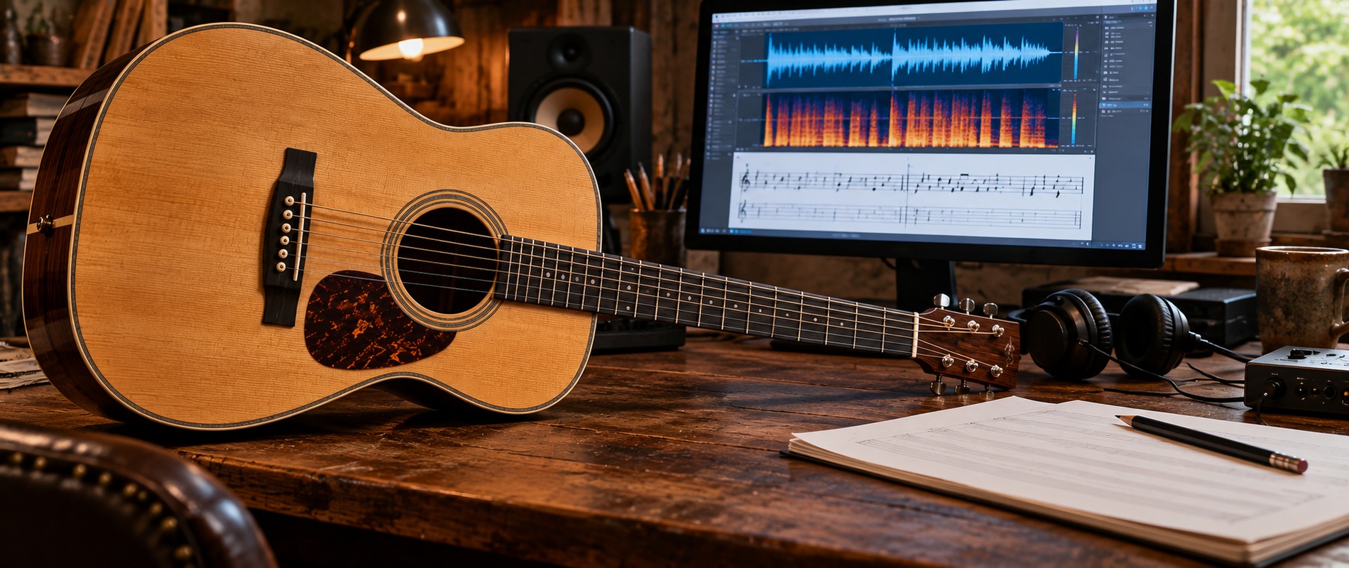 Acoustic guitar on a studio desk beside headphones, sheet music and a computer displaying audio waveforms and notation.