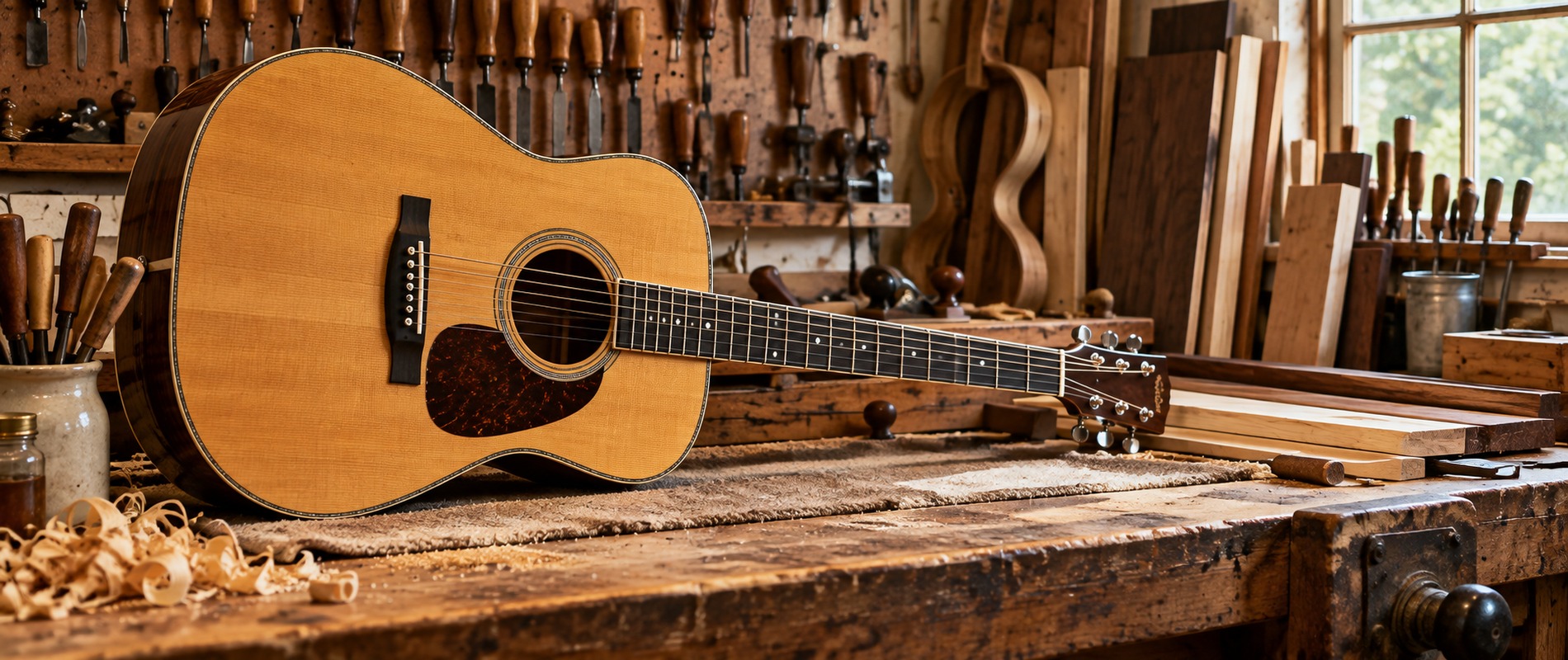 Acoustic guitar in a traditional luthier's workshop with hand tools, timber and a workbench